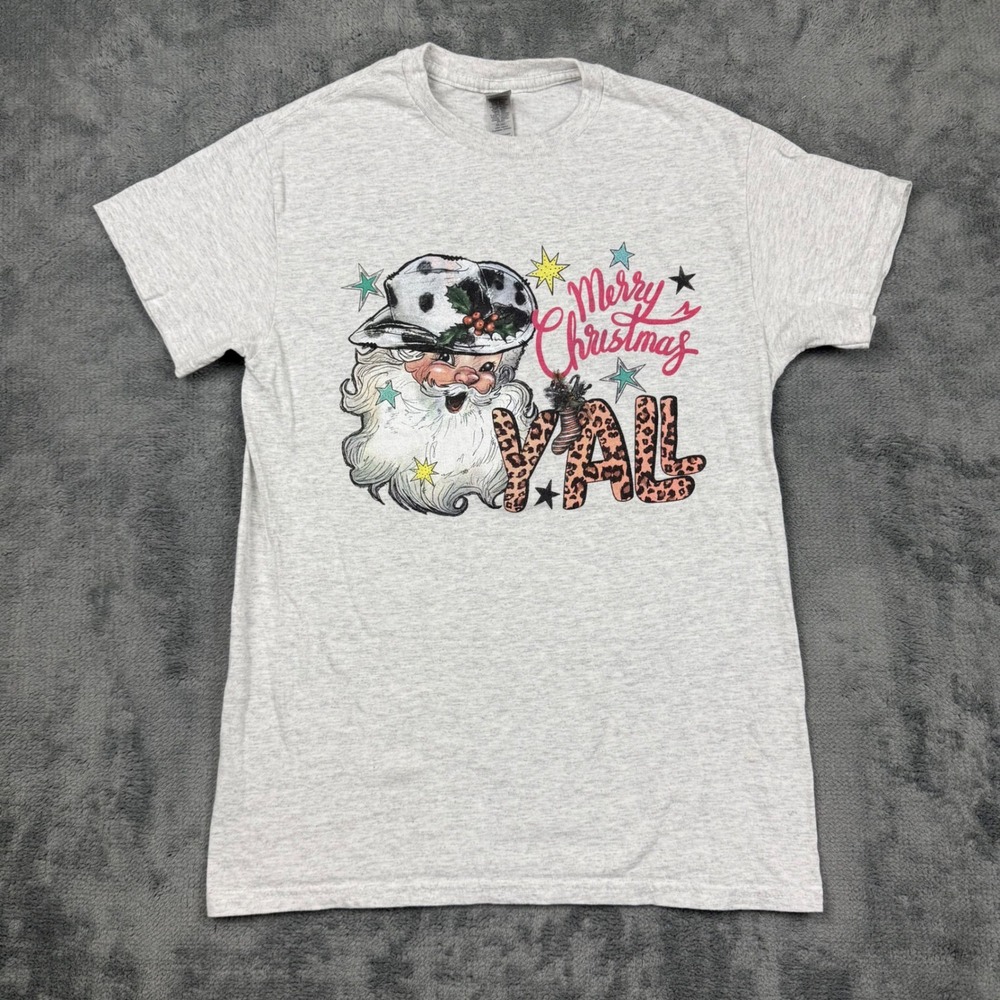 Gildan Merry Christmas Yall Santa Cowboy Hat Leopard T-Shirt Gray Small